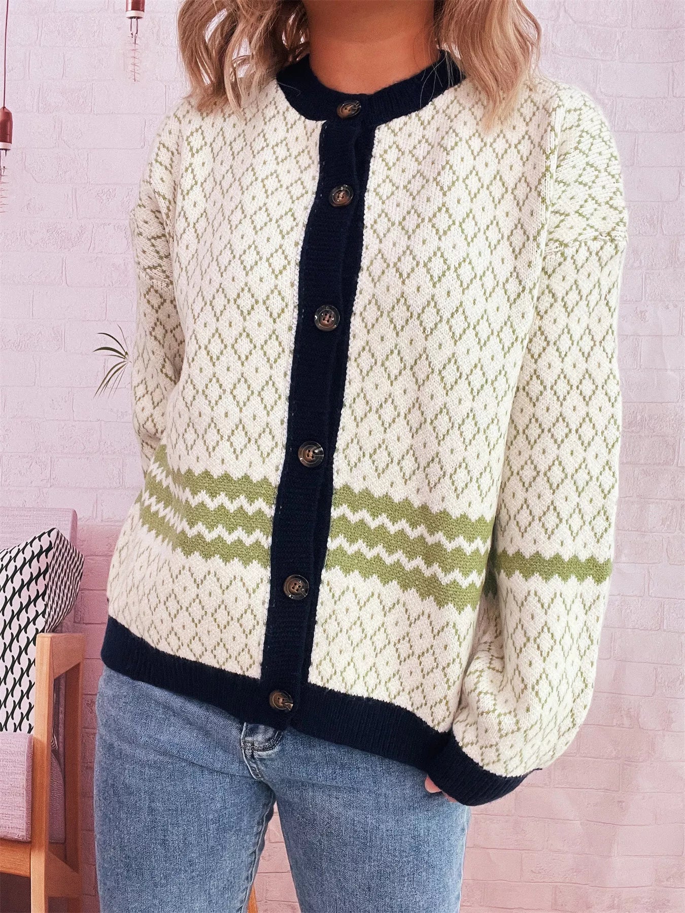 Geometric Pattern Button Up Cardigan