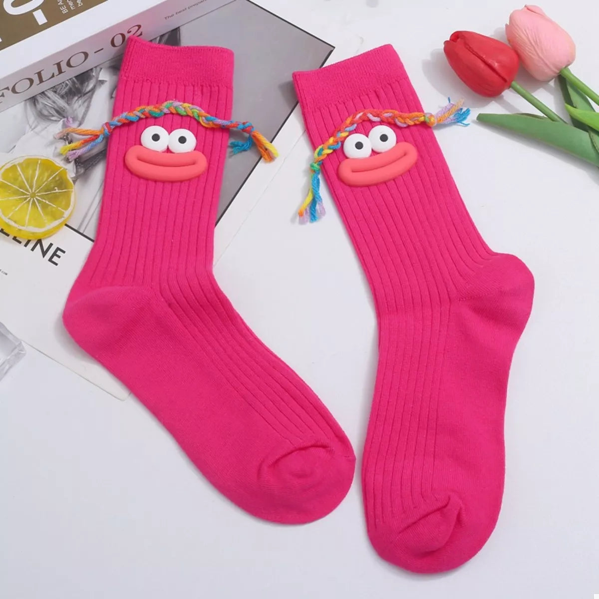 Cartoon Ribbed Knit Crew Socks Hot Pink One Size