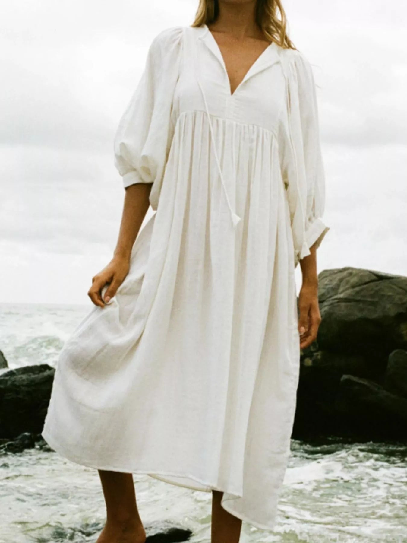 Tie Neck 3/4 Sleeve Midi Dress White