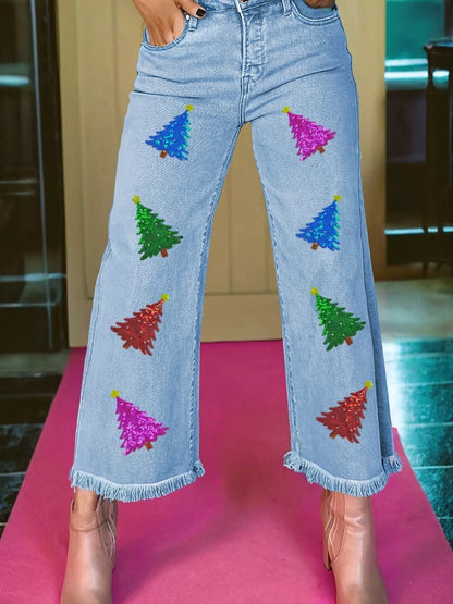 Colorful Sequin Christmas Tree Patched Raw Hem Cropped Wide Leg Jeans
