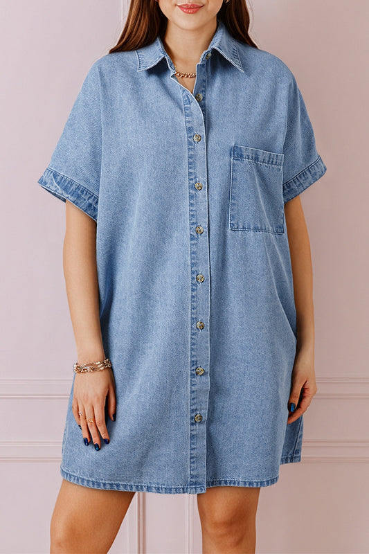 Button Down Short Sleeve Denim Dress Medium