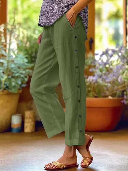 Full Size Side Decor Button Casual Wide Leg Pants Plus Size Green