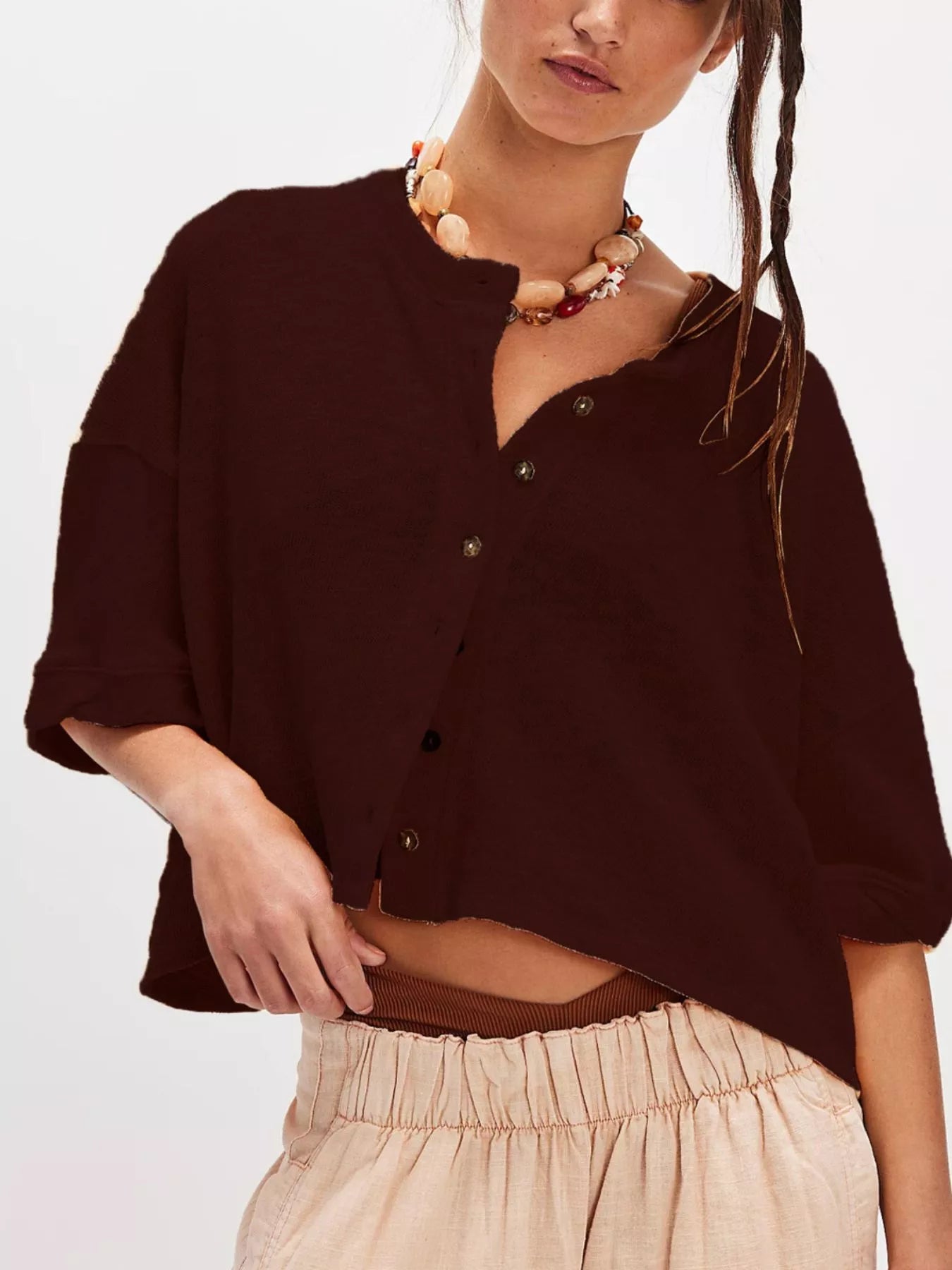 Button-Front Half Sleeve Cardigan Brown