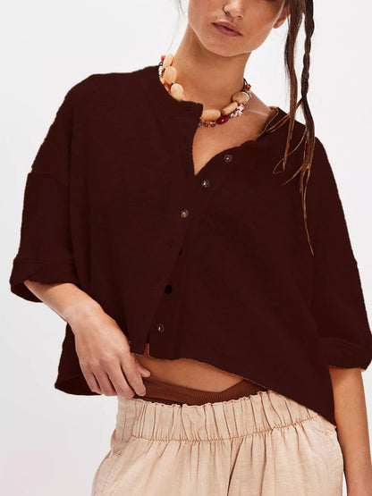 Button-Front Half Sleeve Cardigan Brown