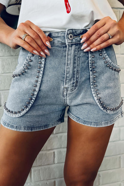 Studded Acid Wash Denim Shorts Medium