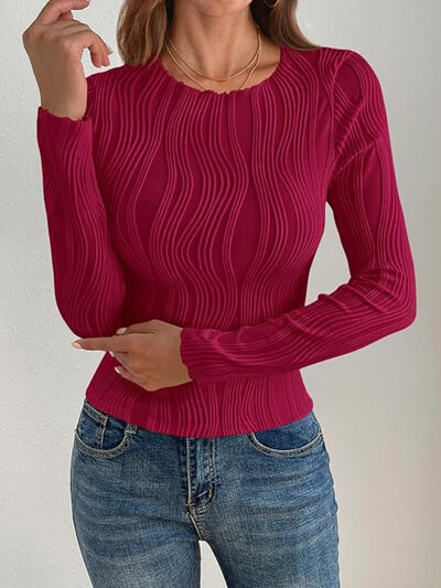 Textured Round Neck Long Sleeve Top