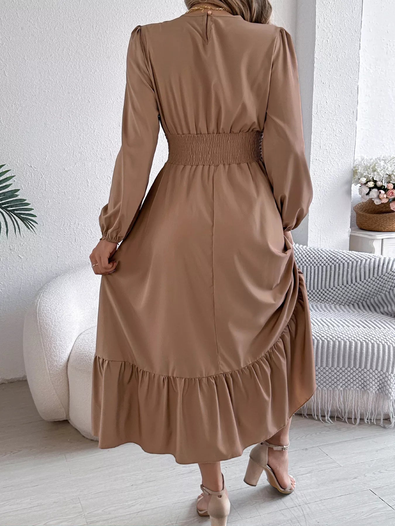 Round Neck Balloon Sleeve Tiered Dress