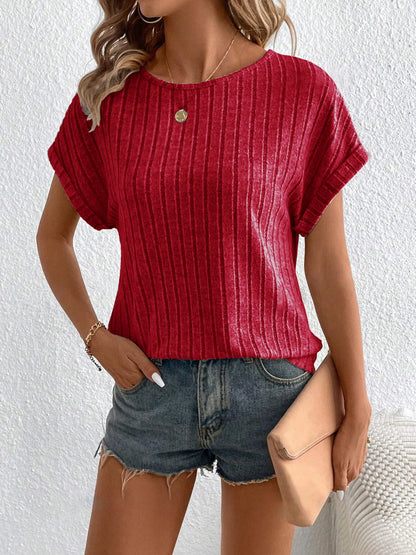 Plus Size Ribbed Texture Short Sleeve T-Shirt Wine Red