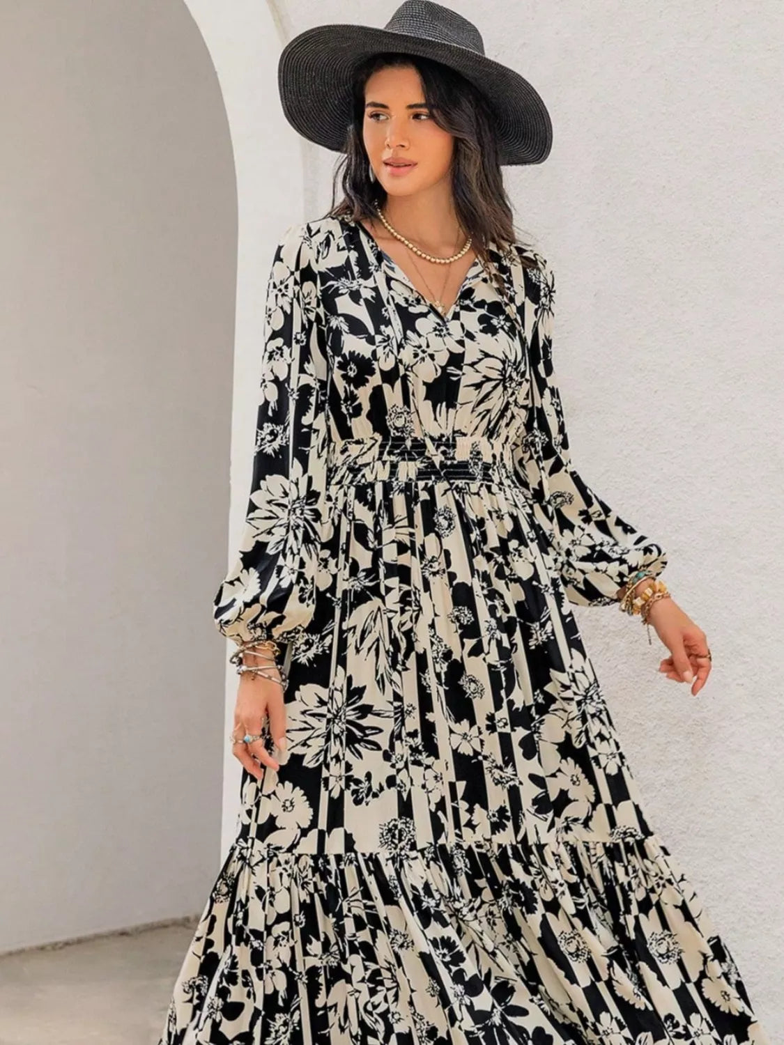 Plus Size Floral Print Balloon Sleeve Maxi Dress