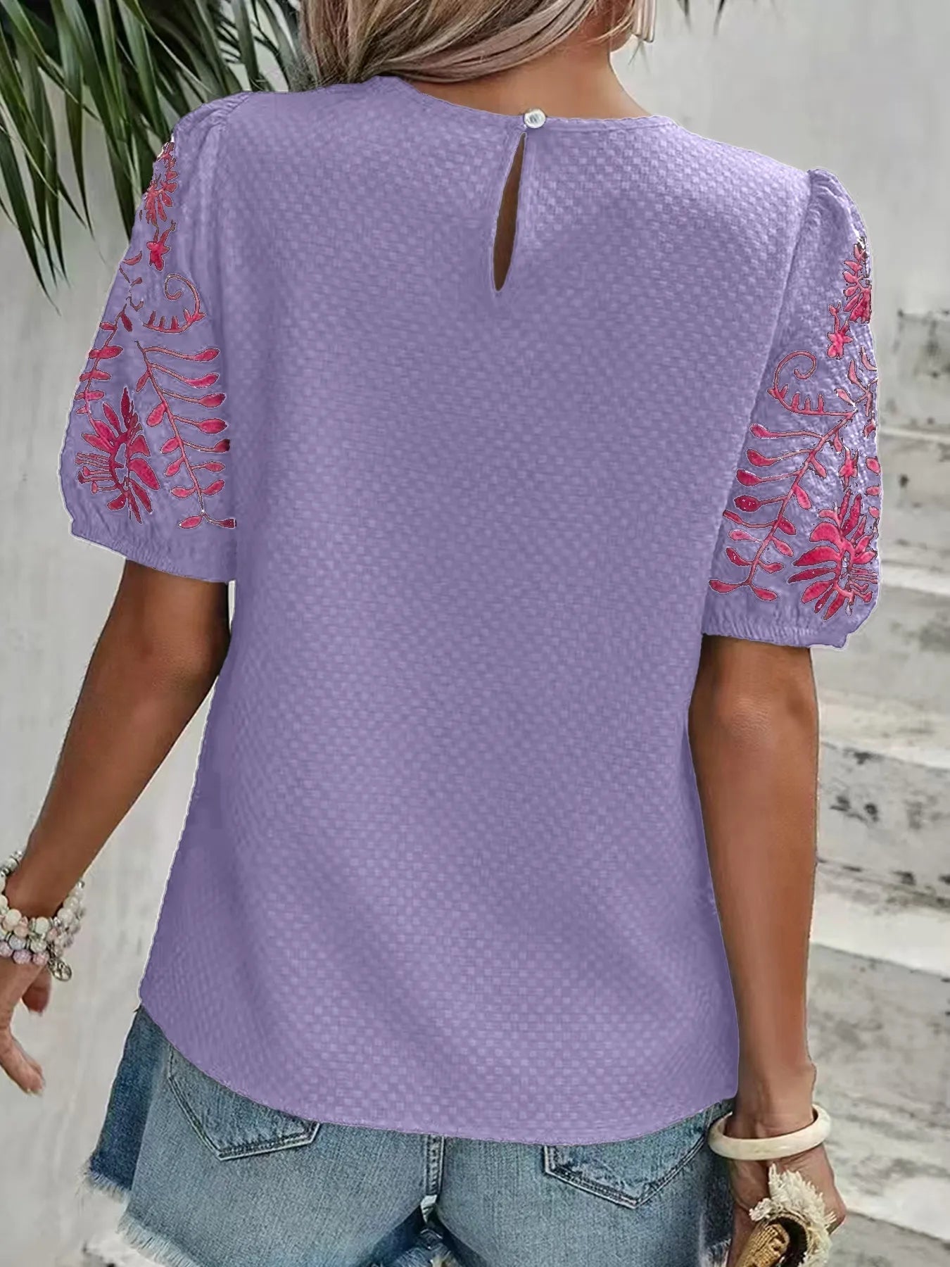 Embroidered Floral Sleeve Textured Blouse