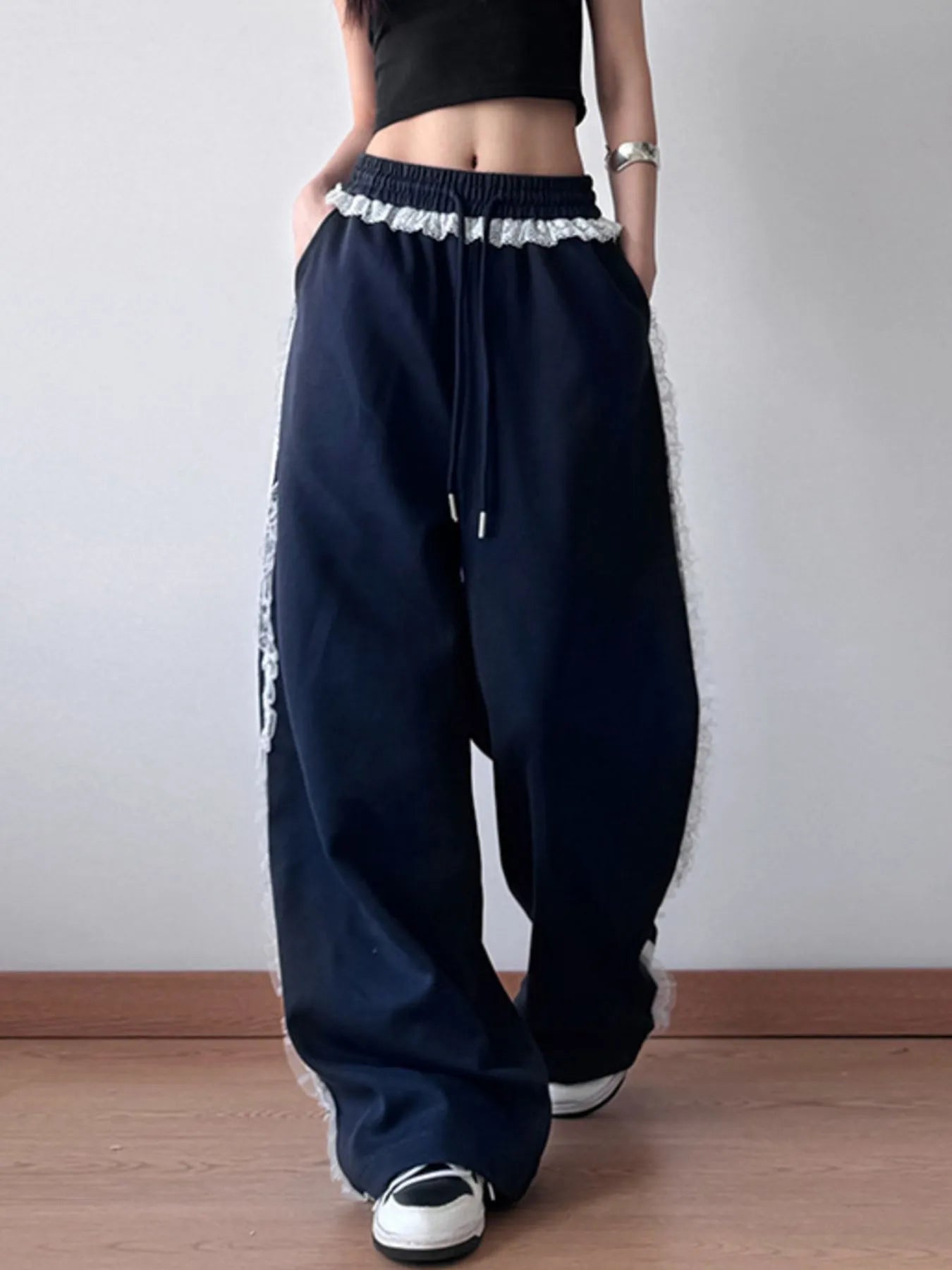 Wide Leg Elastic Waist Sweatpants Navy Blue
