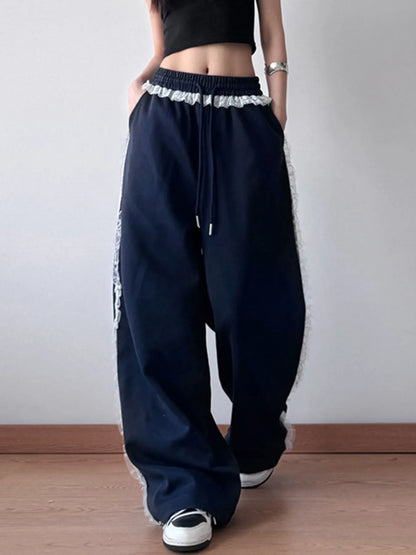 Wide Leg Elastic Waist Sweatpants Navy Blue