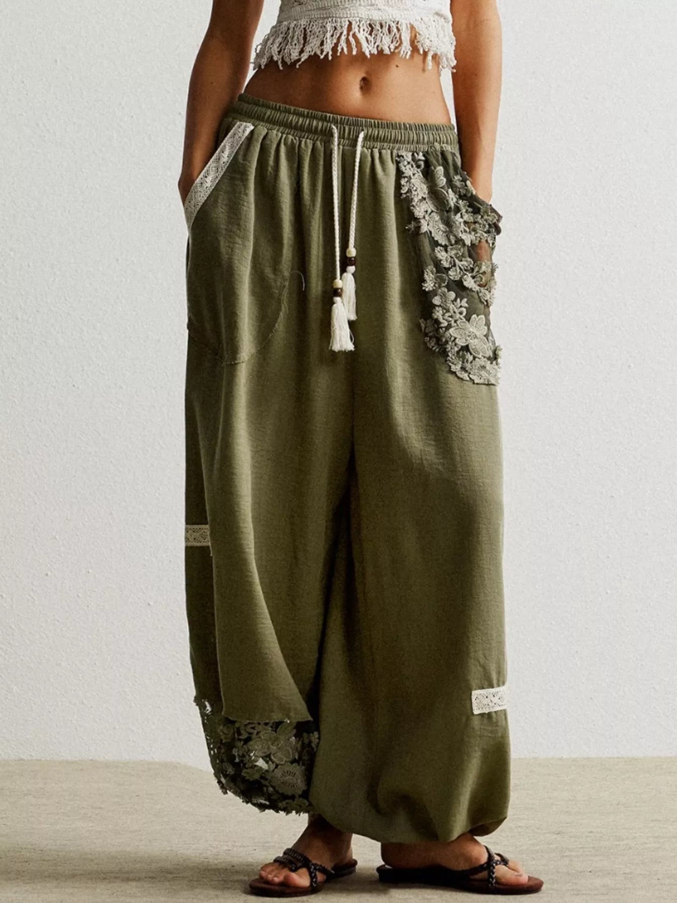 Lace Detail Drawstring Harem Pants