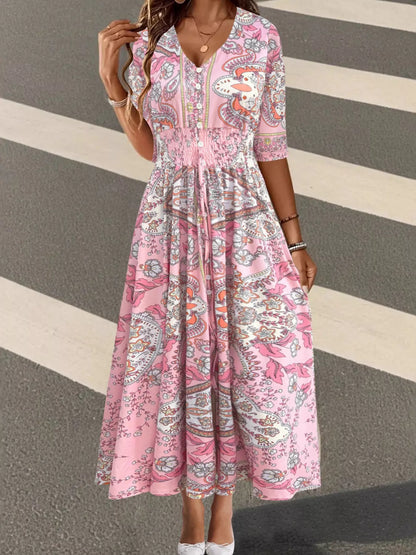 Smocked Printed Half Sleeve Dress Pink