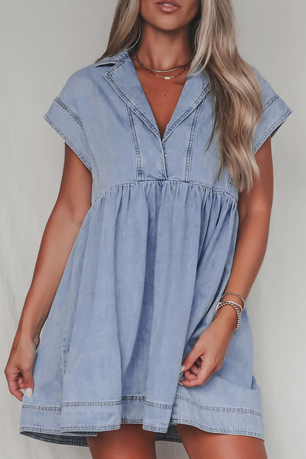 Lapel Neck Cap Sleeve Denim Babydoll Dress Medium