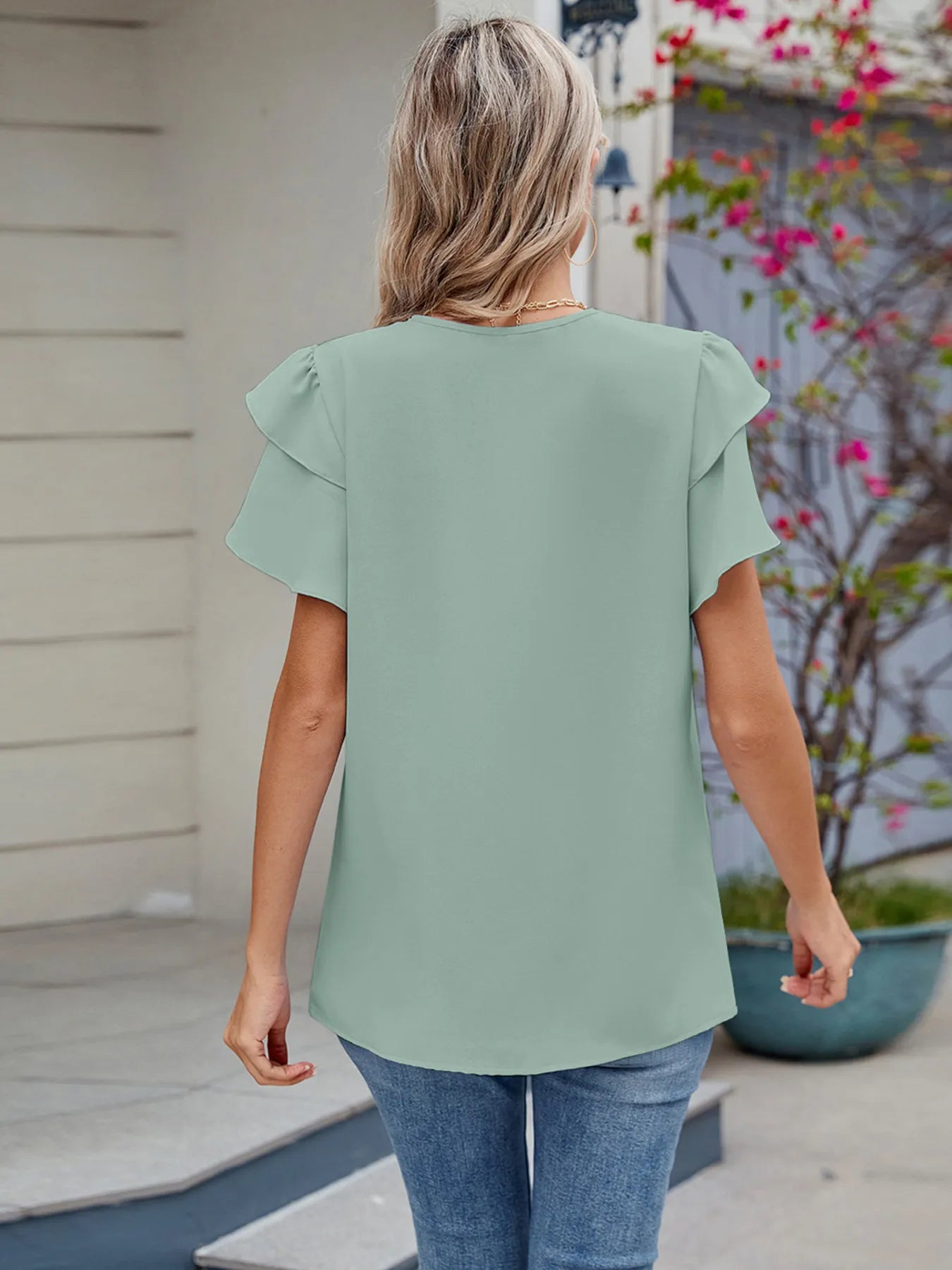 Round Neck Ruffled Layered Sleeve Blouse