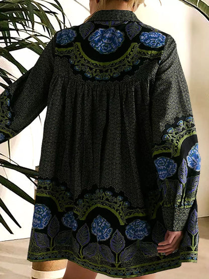Printed Long Sleeve Mini Shirt Dress