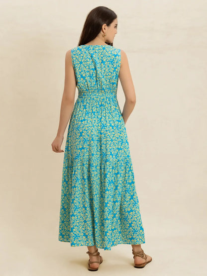 Slit Printed V-Neck Sleeveless Dress