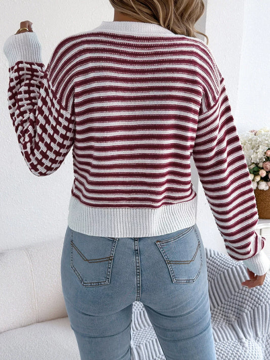 Striped Button-Up Cropped Cardigan