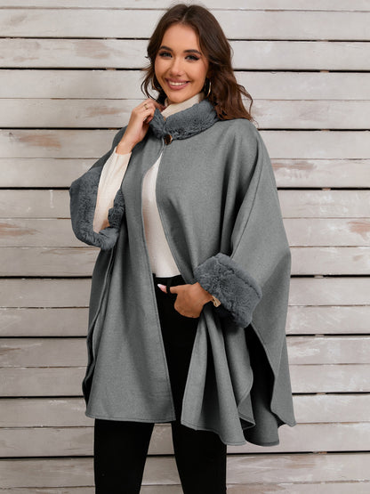 Fuzzy Trim Long Sleeve Poncho Gray One Size