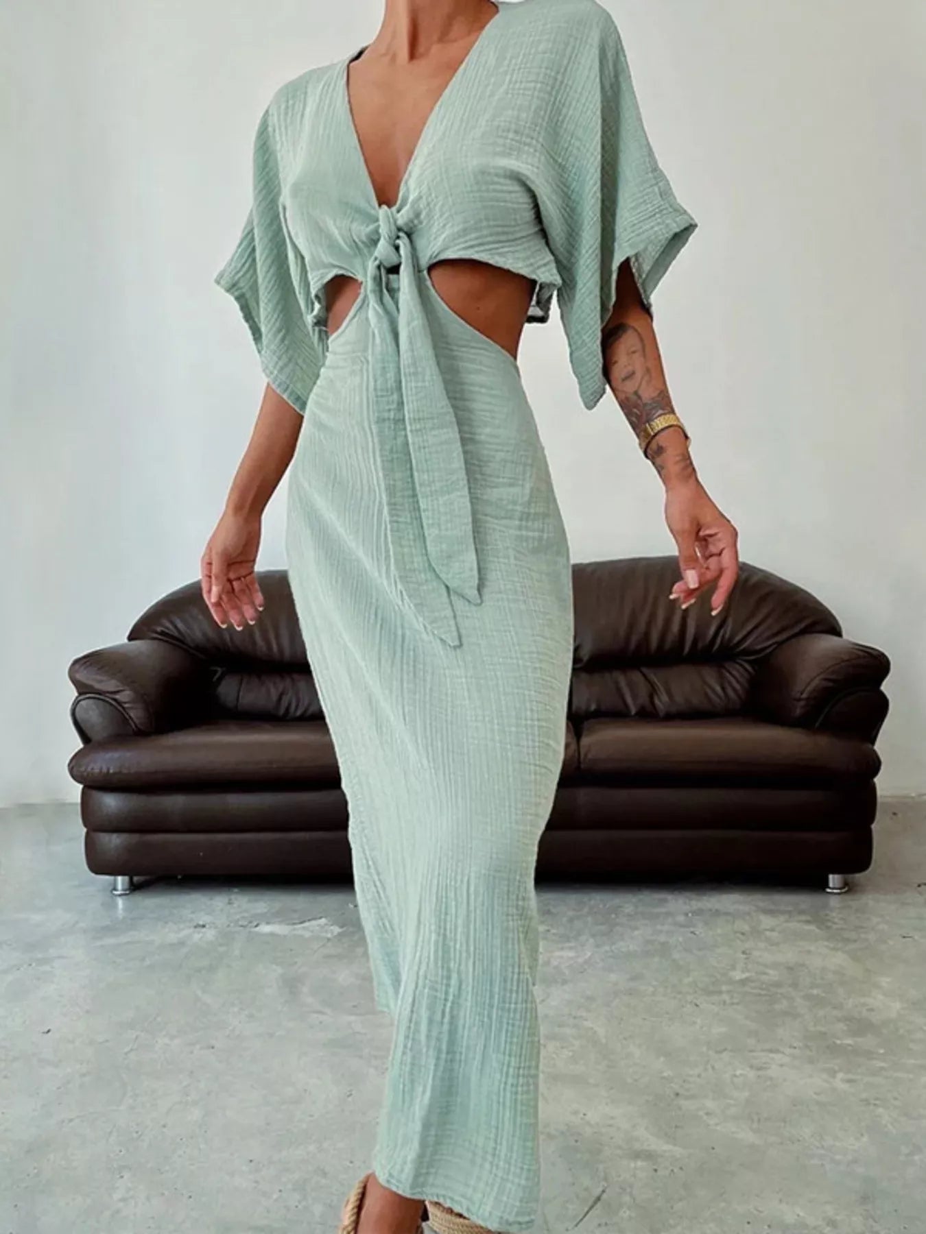 Tie Front Cutout Maxi Dress Sage