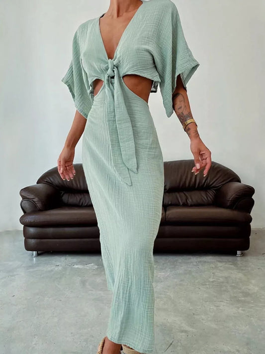 Tie Front Cutout Maxi Dress Sage