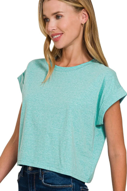 Zenana Rolled Sleeve Crop T-Shirt H TURQUOISE