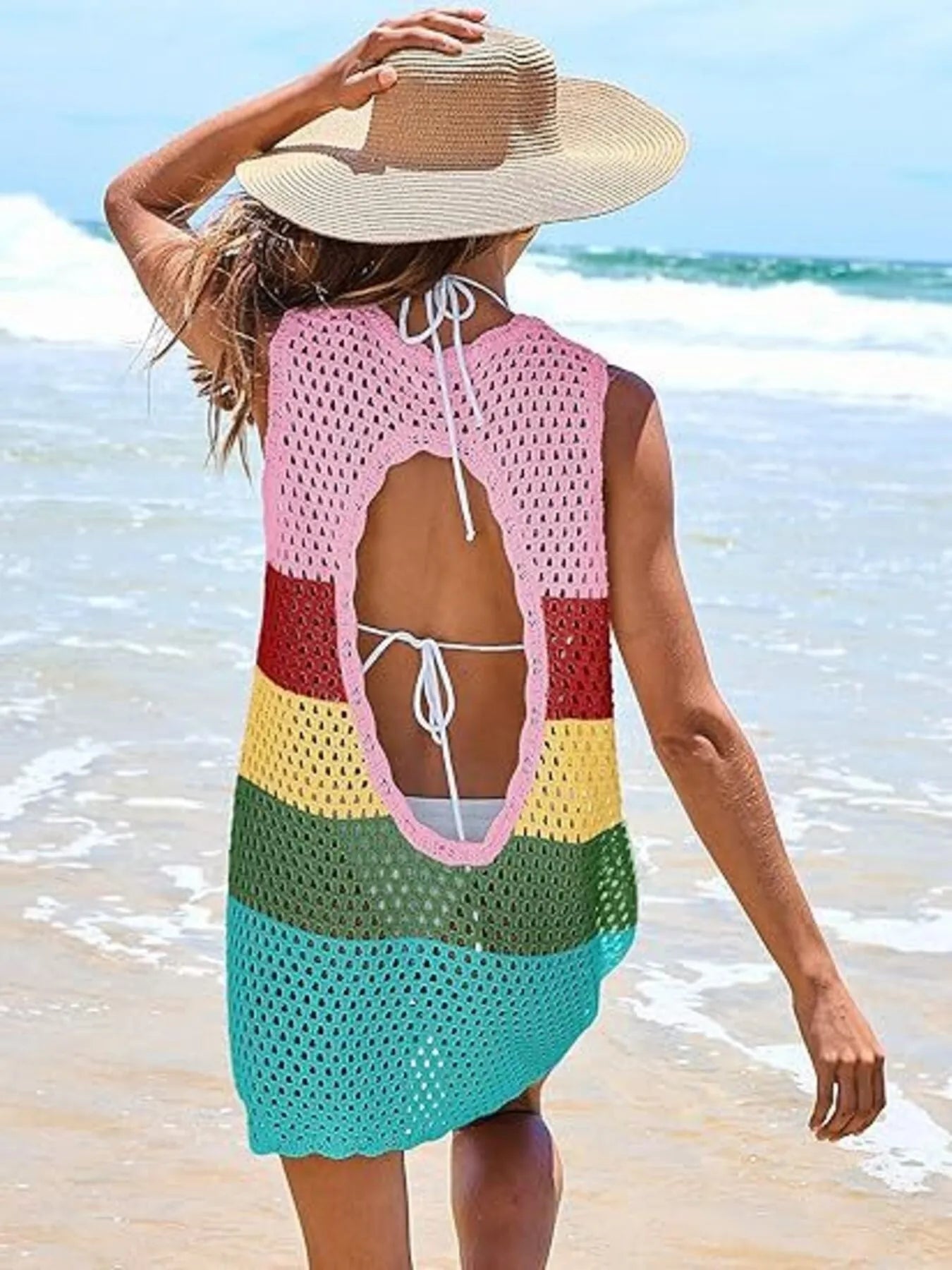 Color Block Openwork Sleeveless Cutout Back Cover-Up Rainbow