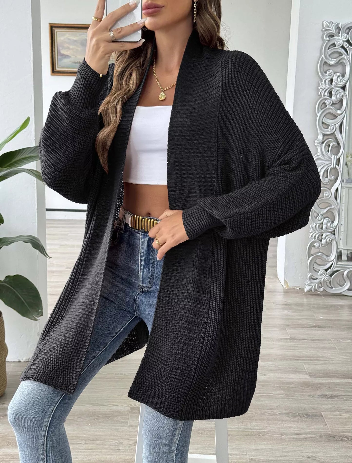 Open Front Ribbed Knit Cardigan