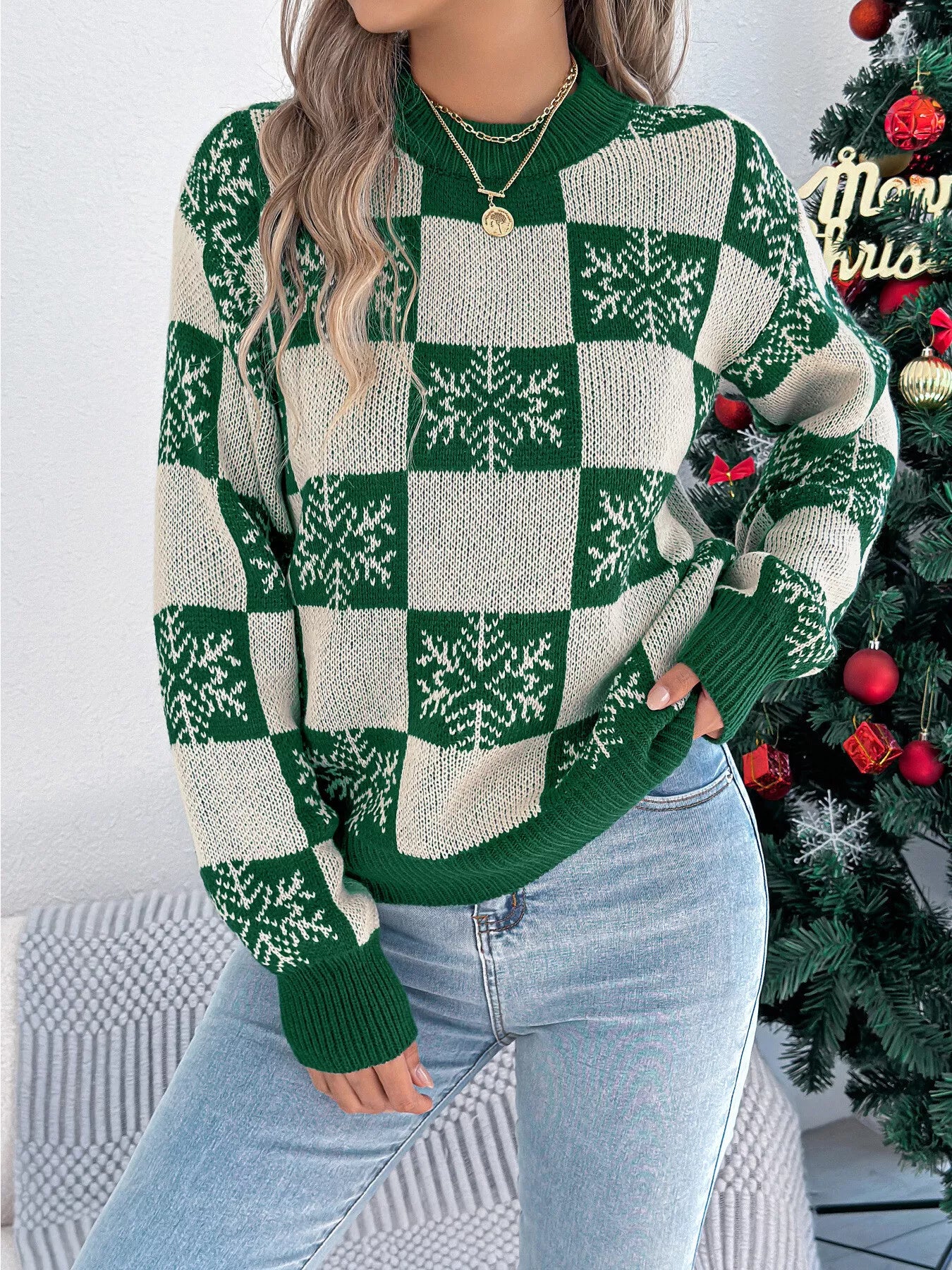 Christmas Snowflake Checkered Round Neck Sweater