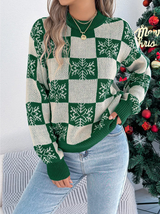 Christmas Snowflake Checkered Round Neck Sweater