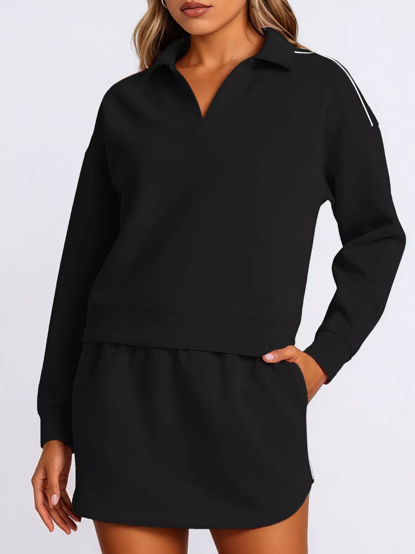 Dropped Shoulder Top and Skirt Set Black