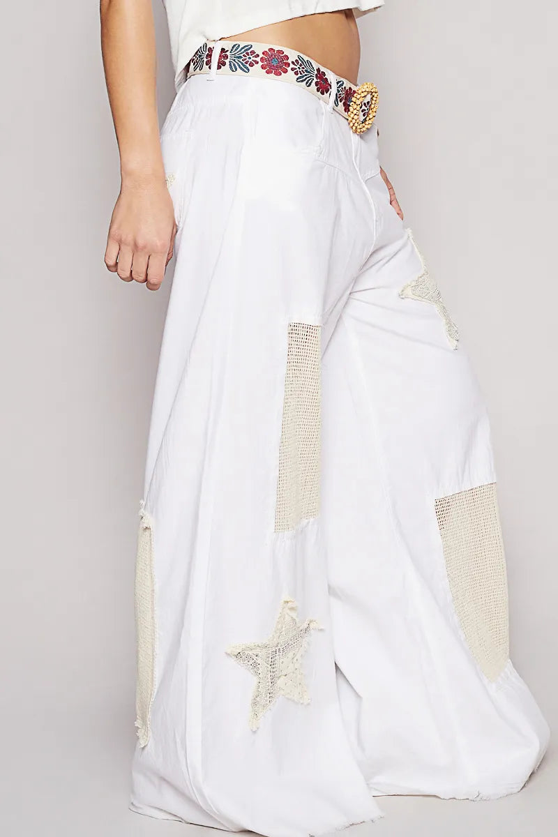 POL Raw Hem Star Patch Wide Leg Pants