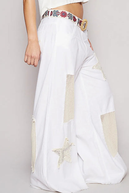 POL Raw Hem Star Patch Wide Leg Pants