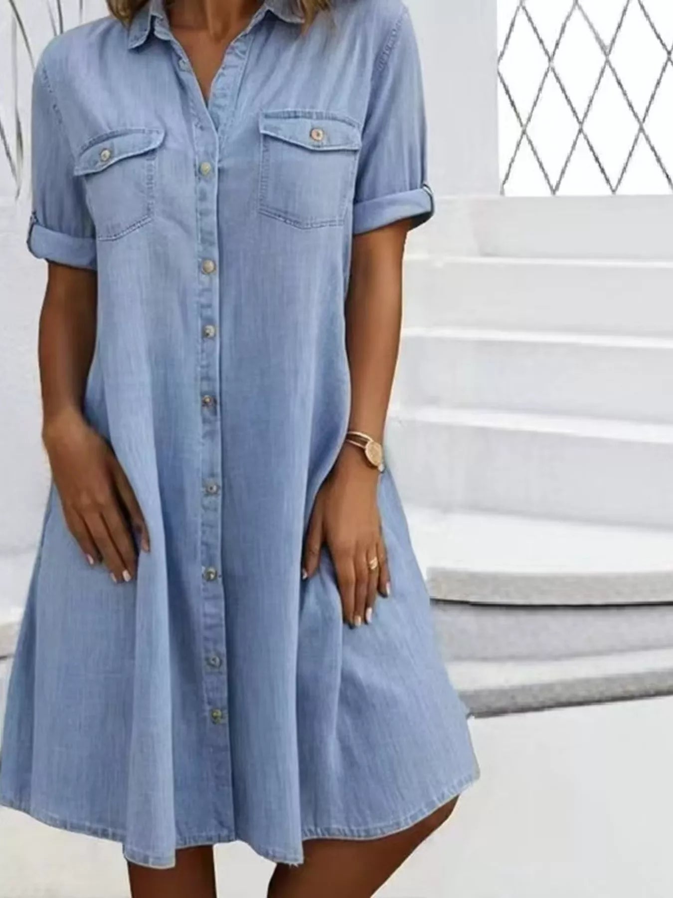 Full Size Button-Front Short Sleeve Denim Dress Plus Size Light Blue