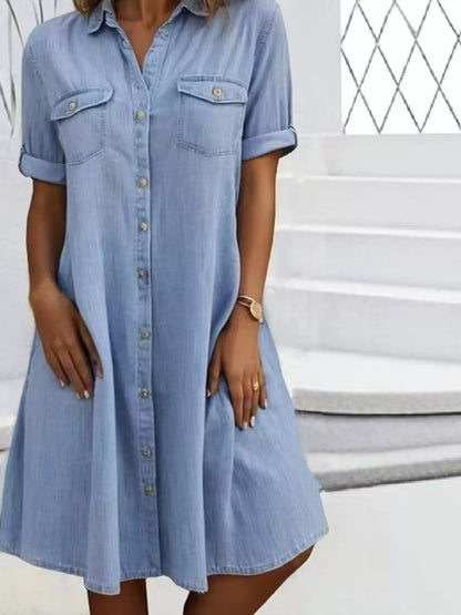 Full Size Button-Front Short Sleeve Denim Dress Plus Size Light Blue