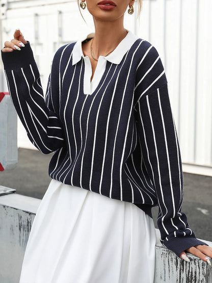 Stripe Contrast Collar Long Sleeve Knit Top