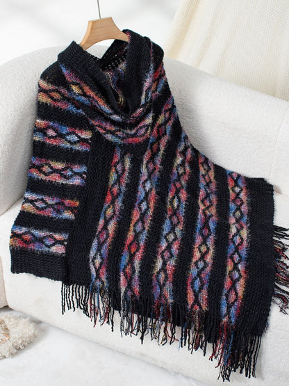 Fringe Contrast Hooded Poncho Black One Size