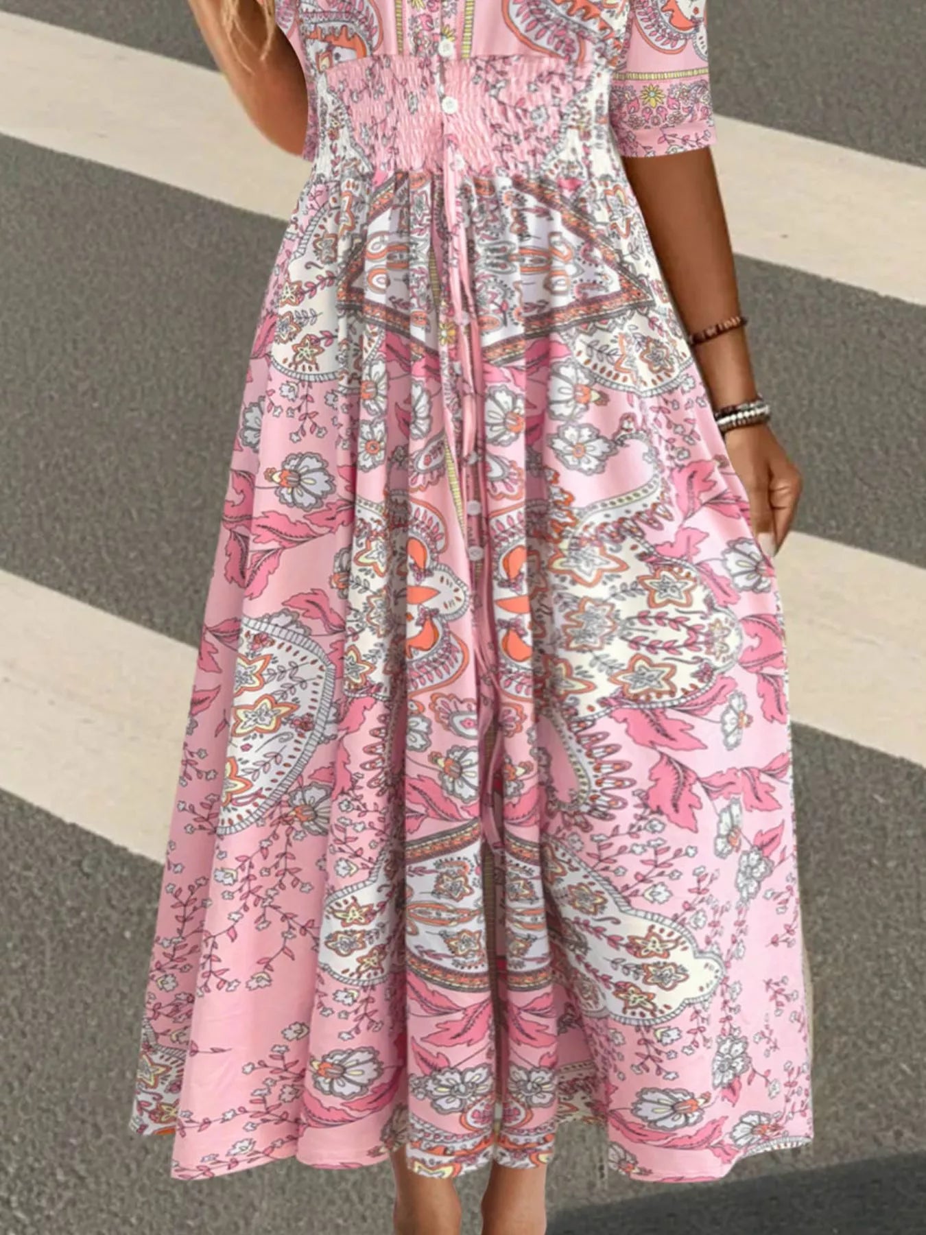 Smocked Printed Half Sleeve Dress