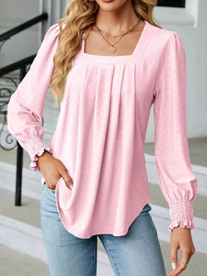 Pleated Square Neck Long Sleeve Top Blush Pink