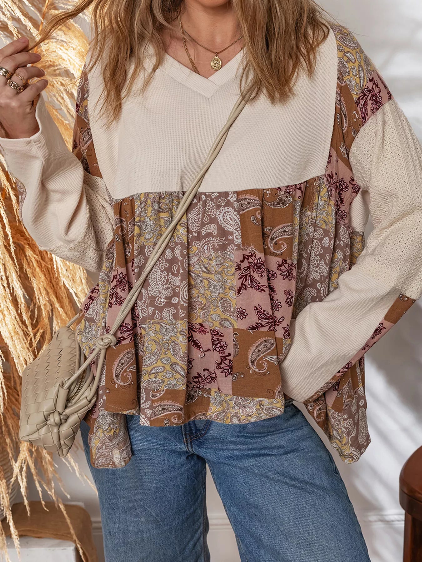 Paisley Ethnic Print Contrast Patchwork Long Sleeve Loose Top