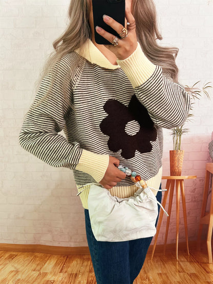 Striped Flower Raglan Sleeve Sweater