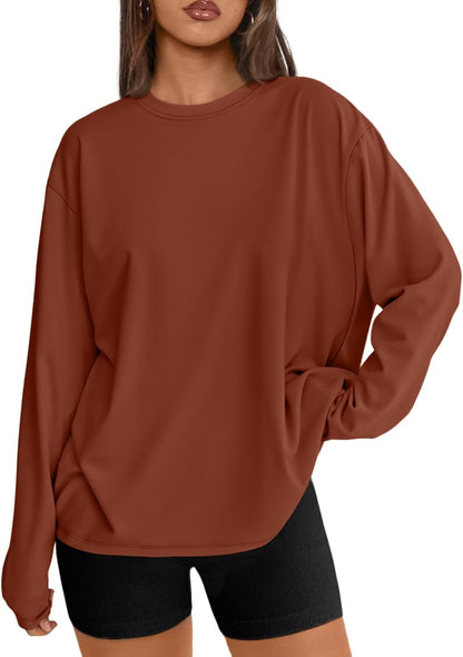 Women's Oversized Long Sleeve T-Shirt Casual Crewneck Basic Tee Maple