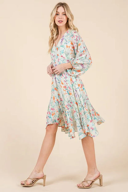 Lime 'N' Chili Floral Cinched Waist Balloon Sleeve V-Neck Dress
