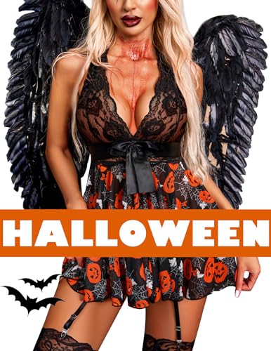 Christmas Costume - Avidlove Lingerie for Women Lace Babydoll Chemise Halter V Sexy Sleepwear with Garter Belt Pumpkin Print