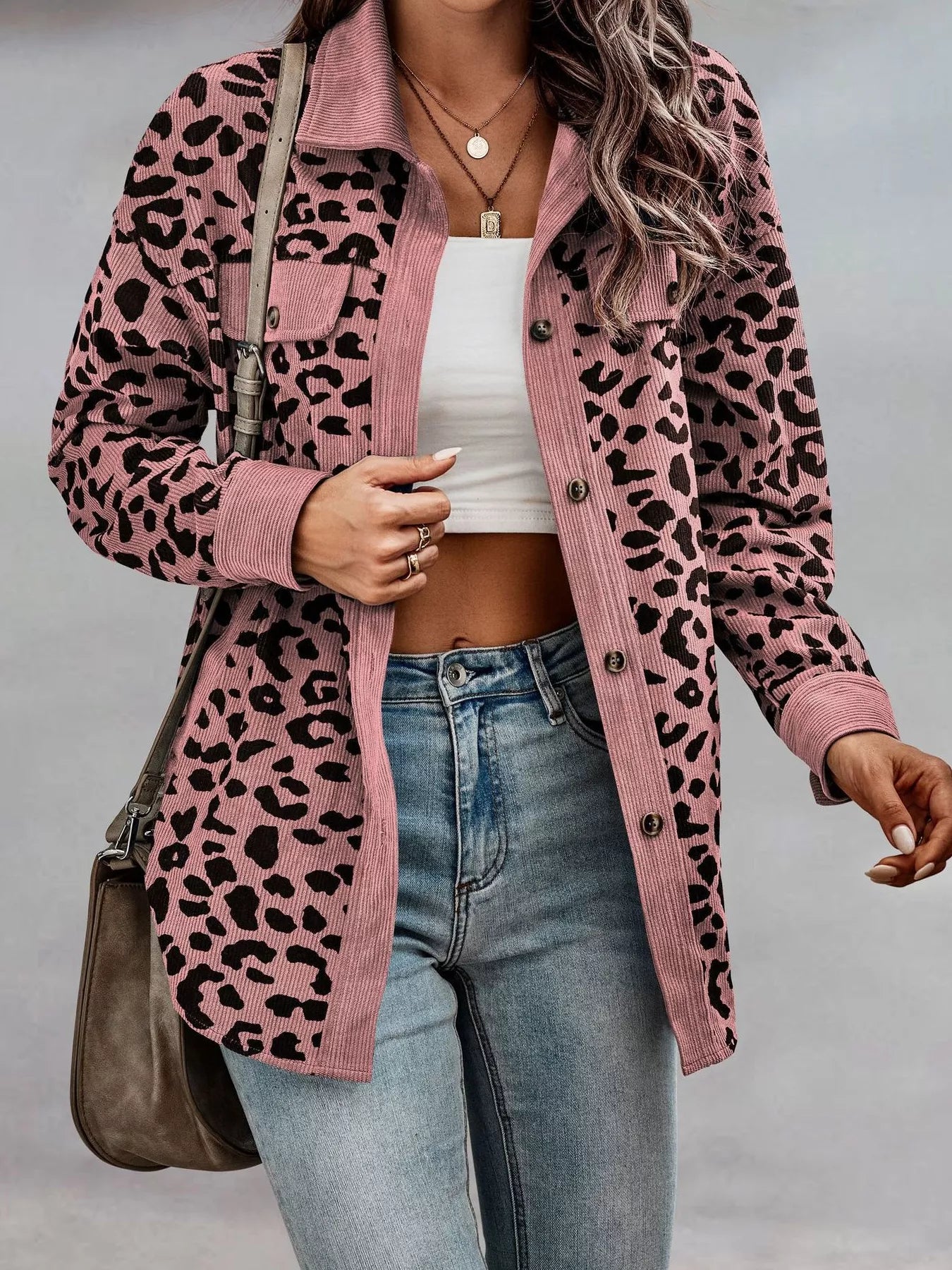 Full Size Leopard Print Button-Down Jacket Plus Size Pink