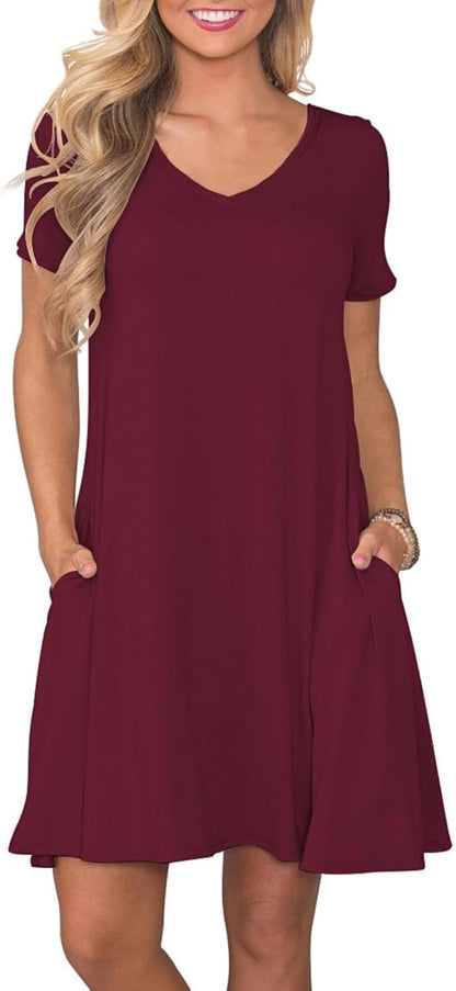 Women's Casual T-Shirt Dress Short Sleeve Summer Swing Dress with Pockets Wine Red