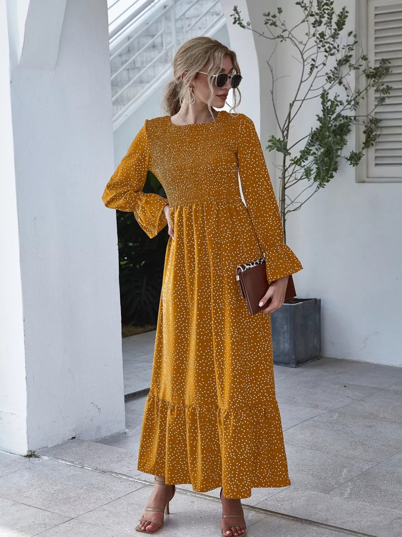 Ruffled Hem Flounce Sleeve Dress Tangerine