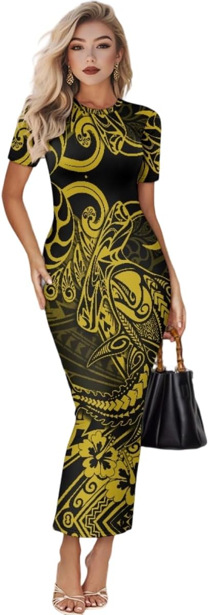 Women's Jamaican Flag Bodycon Midi Dress Short Sleeve 4X-Large Puletasi Totem