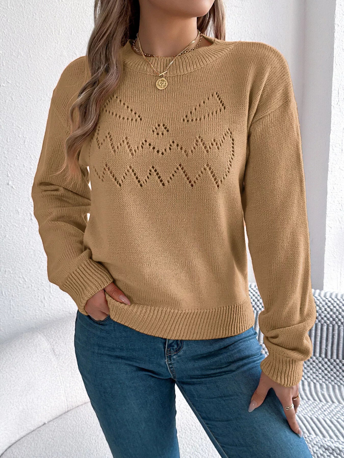 Openwork Round Neck Long Sleeve Sweater
